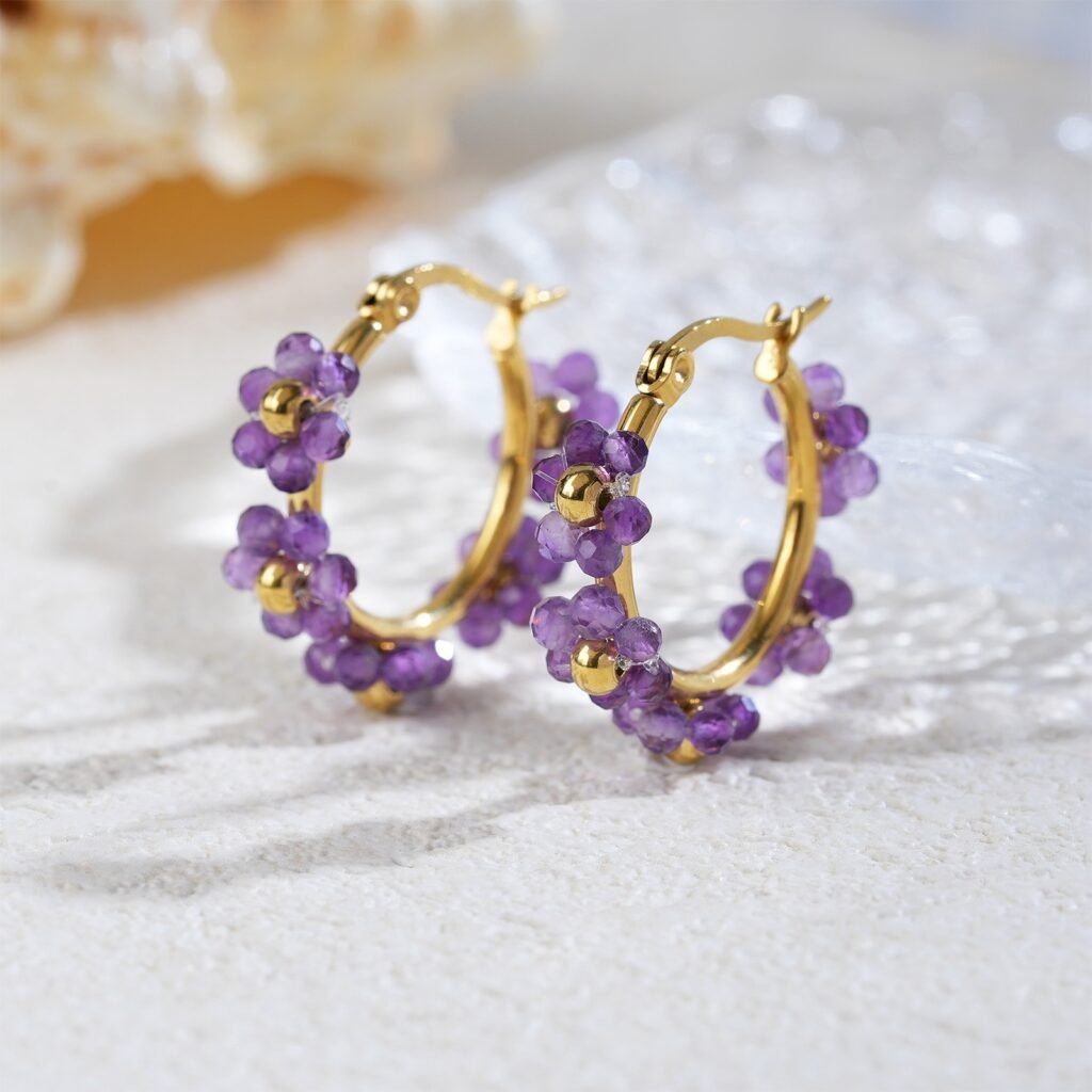 French Gold-Plated Natural Stone Beaded Hoop Earrings