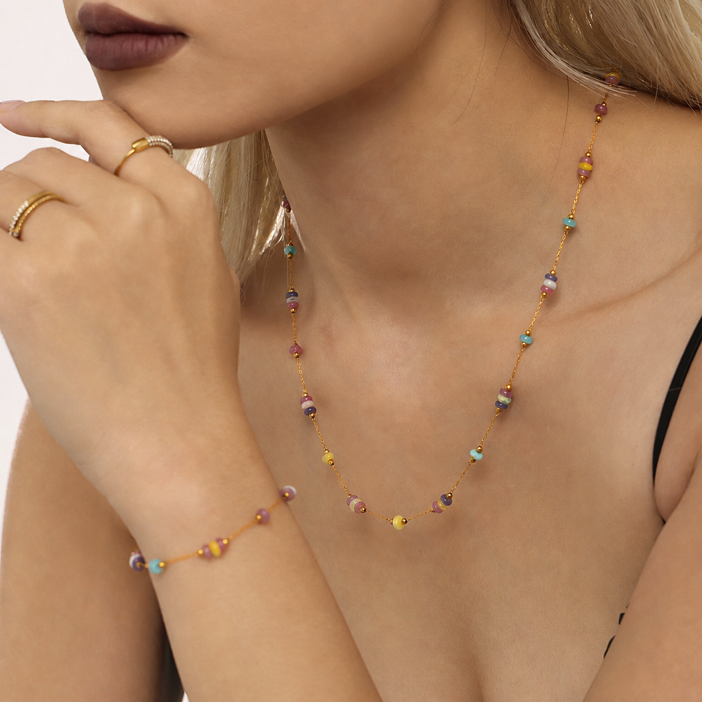 Mixed Natural Stone Stainless Steel Necklace & Bracelet Set - Image 3