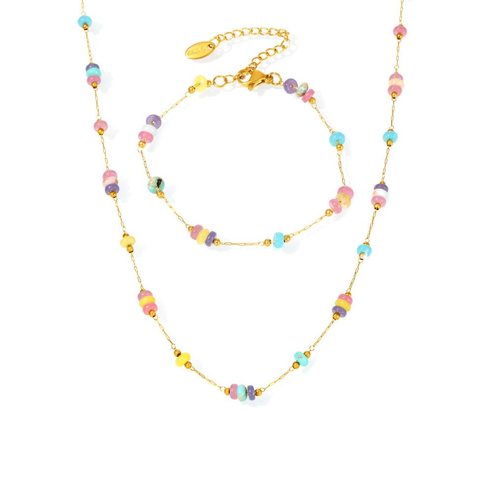 Mixed Natural Stone Stainless Steel Necklace & Bracelet Set