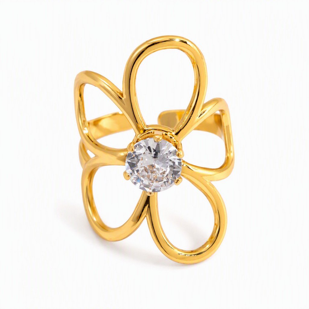 Stainless Steel Zircon Flower Open Ring