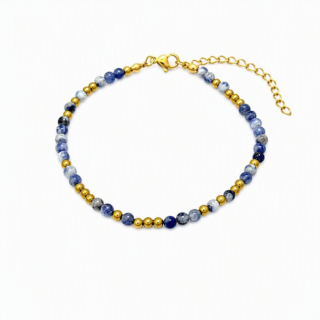 French 18K Gold-Plated Natural Stone Beaded Bracelet
