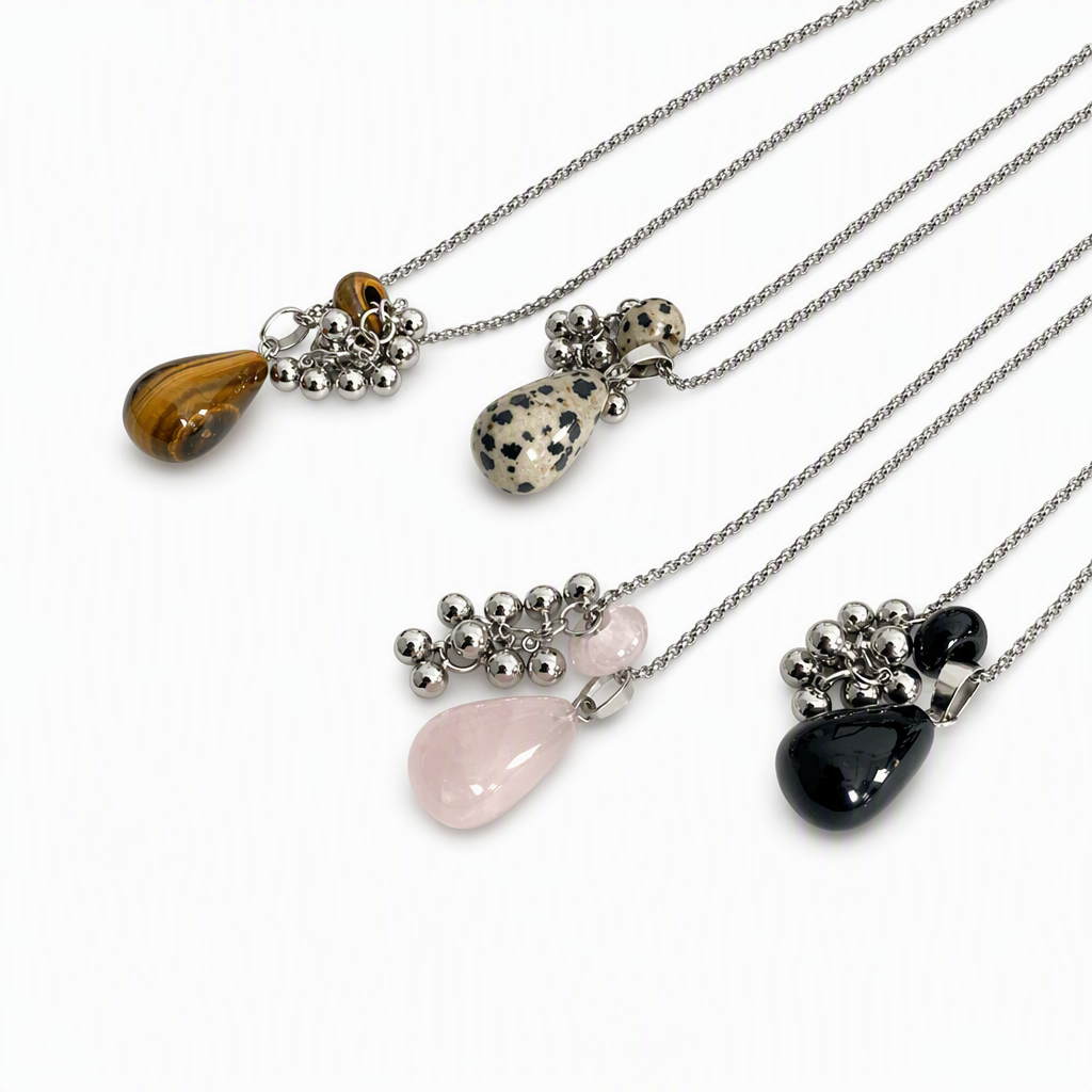 Grape-Cluster Natural Stone Stainless Steel Necklace