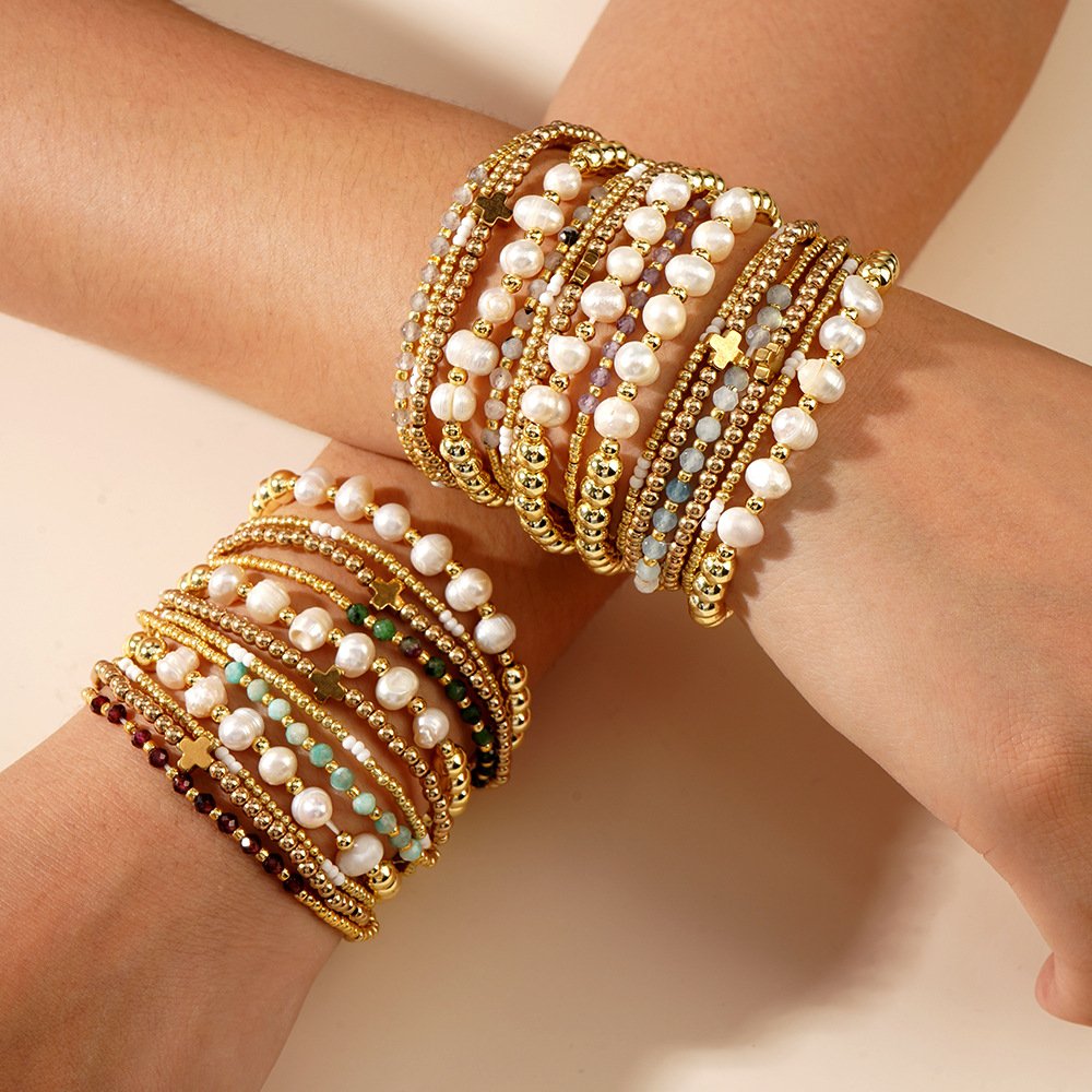 Boho Cross Charm Natural Stone Bracelet Set (4-Piece) - Image 2
