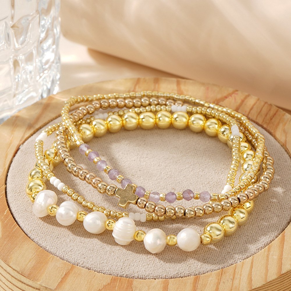 Boho Cross Charm Natural Stone Bracelet Set (4-Piece) - Image 5