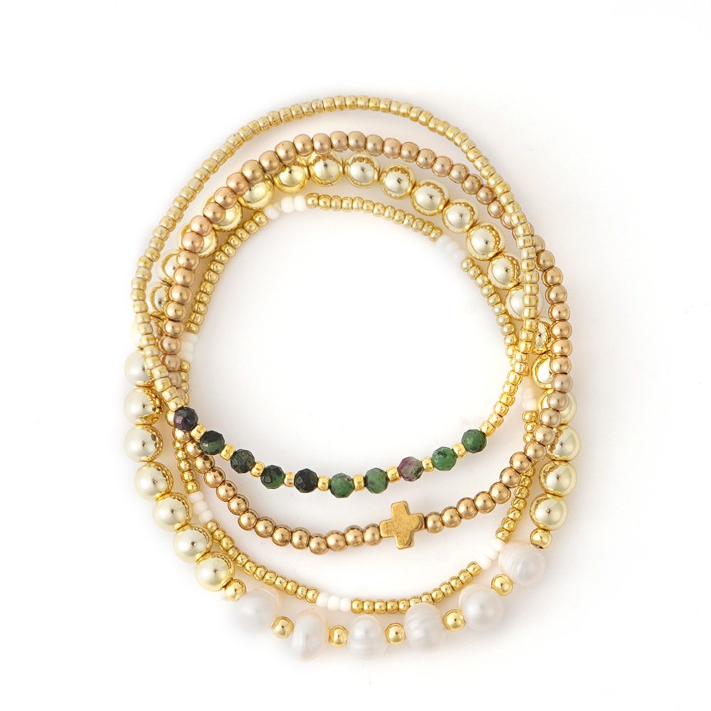Boho Cross Charm Natural Stone Bracelet Set (4-Piece)