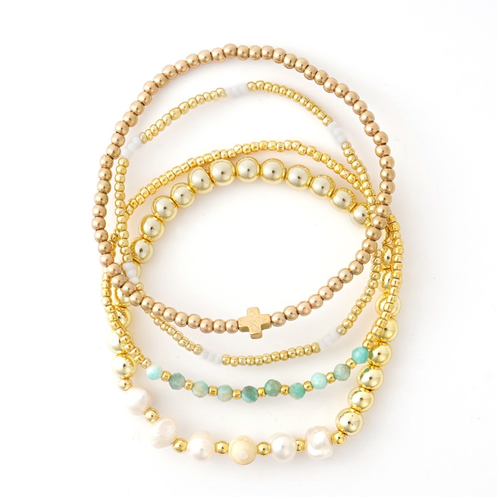 Boho Cross Charm Natural Stone Bracelet Set (4-Piece) - Image 4