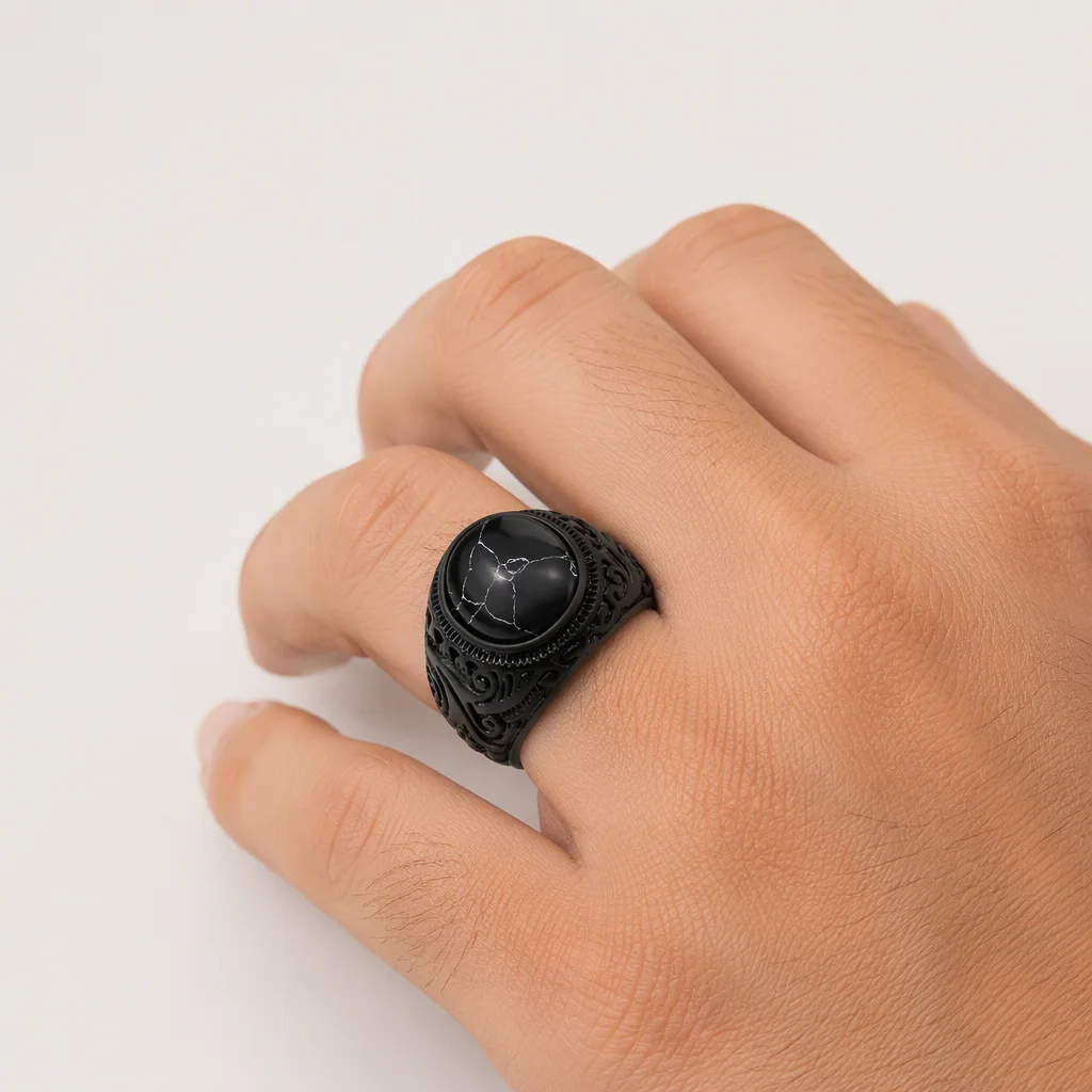Vintage Carved Black Stainless Steel Signet Ring - Image 2