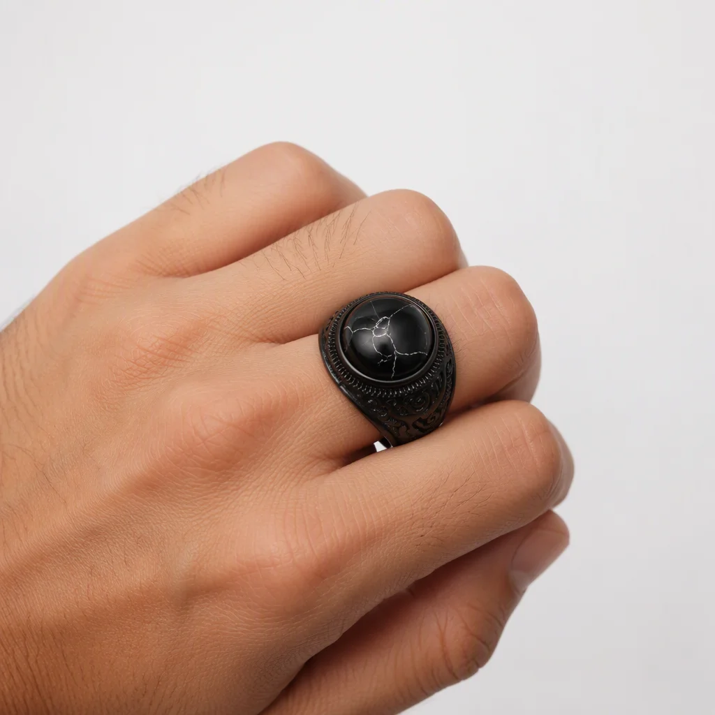 Vintage Carved Black Stainless Steel Signet Ring - Image 3