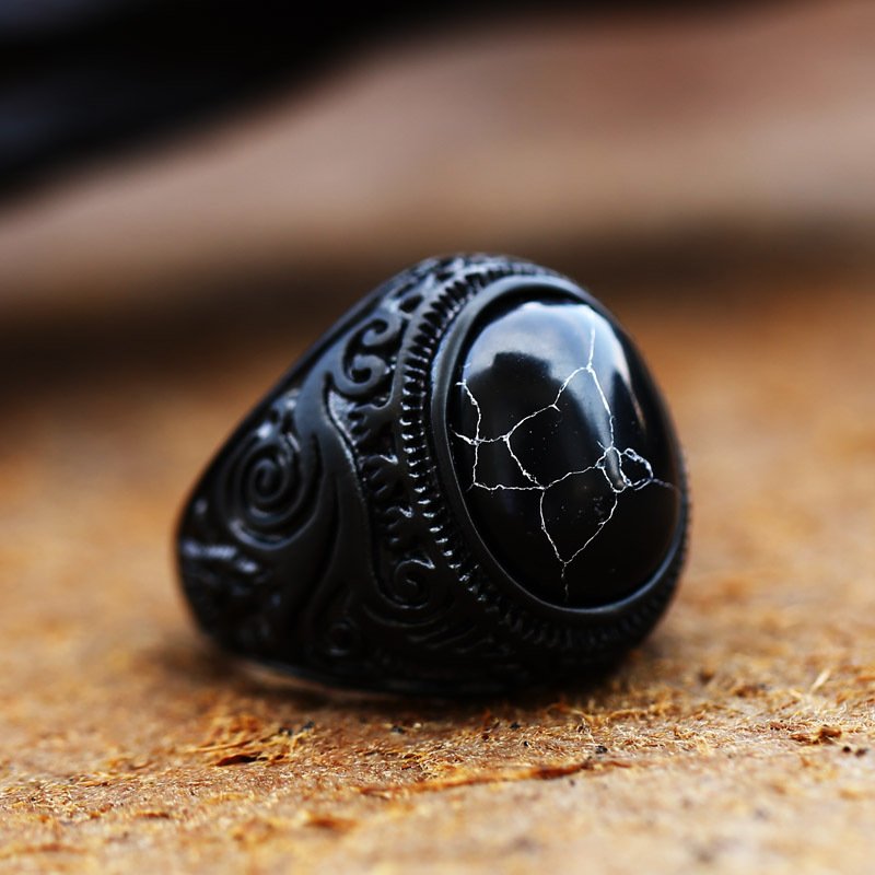 Vintage Carved Black Stainless Steel Signet Ring - Image 4